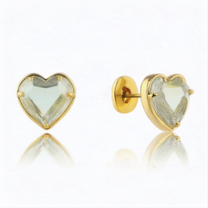 A pair of gold plated flat back earrings featuring heart shaped aquamarine crystals, perfect for helix and cartilage piercings.