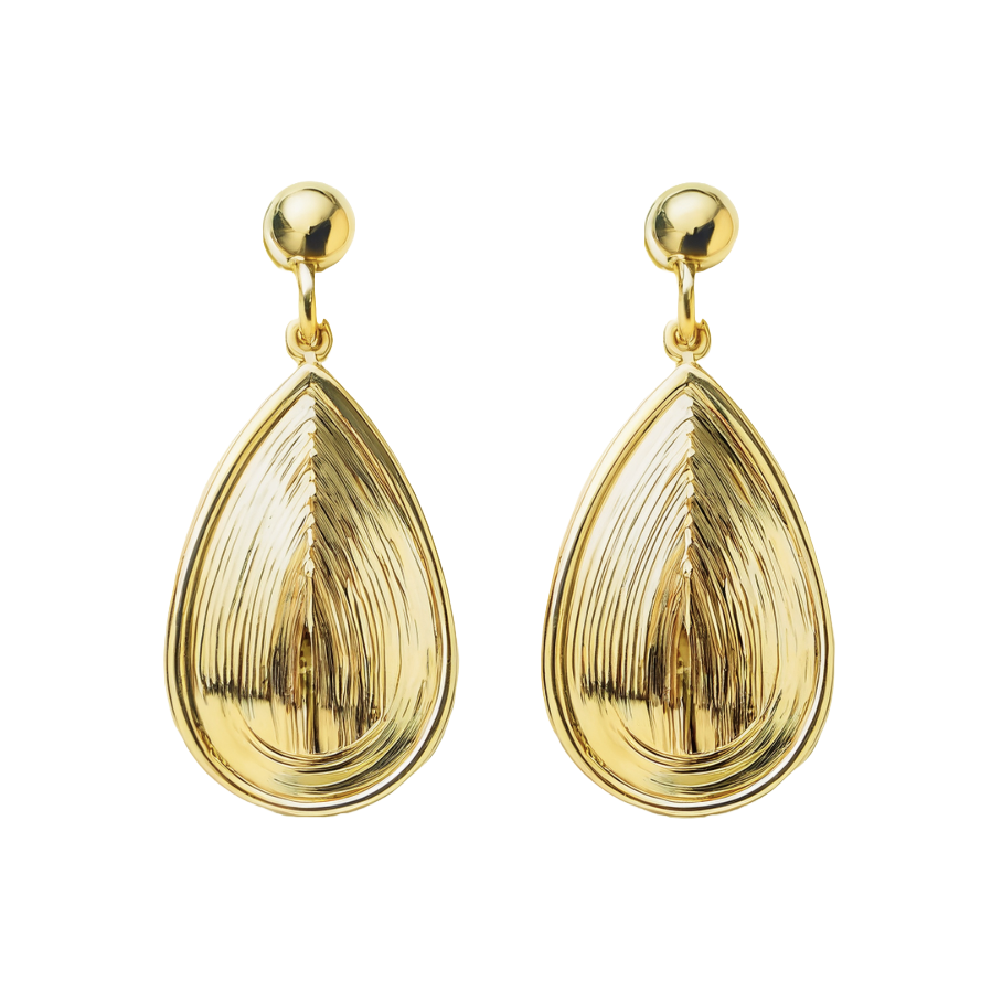 A pair of 14k gold teardrop dangle clip on earrings, designed for non-pierced ears with a sleek and timeless silhouette.