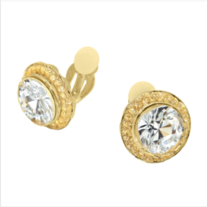 A pair of round cut crystal clip on earrings set in 14k gold, offering a sophisticated look for non-pierced ears.