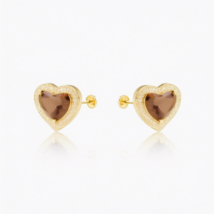 A pair of gold plated flat back earrings featuring heart-shaped smoky quartz crystals, ideal for helix and cartilage piercings.