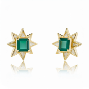 A pair of gold plated flat back earrings featuring emerald cut crystals set in a delicate star design, ideal for helix and cartilage piercings.